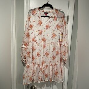 NWT Vince Camuto Size M White Floral Ruffle Flowy Long Sleeve Sheer Mini Dress